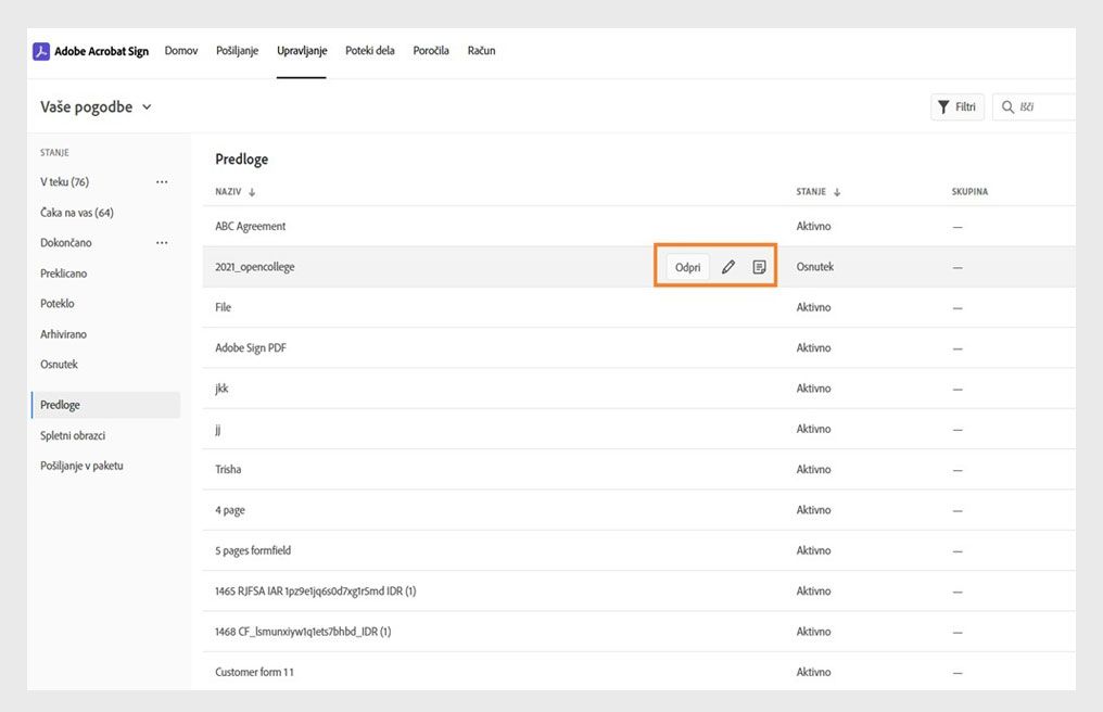 Na strani je prikazan seznam vseh predlog, kjer je izbrana ena predloga in so označena prikazana orodja.