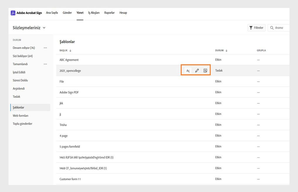 Sayfa, bir şablonun seçildiği ve görüntülenen araçların vurgulandığı tüm şablonların listesini gösterir.