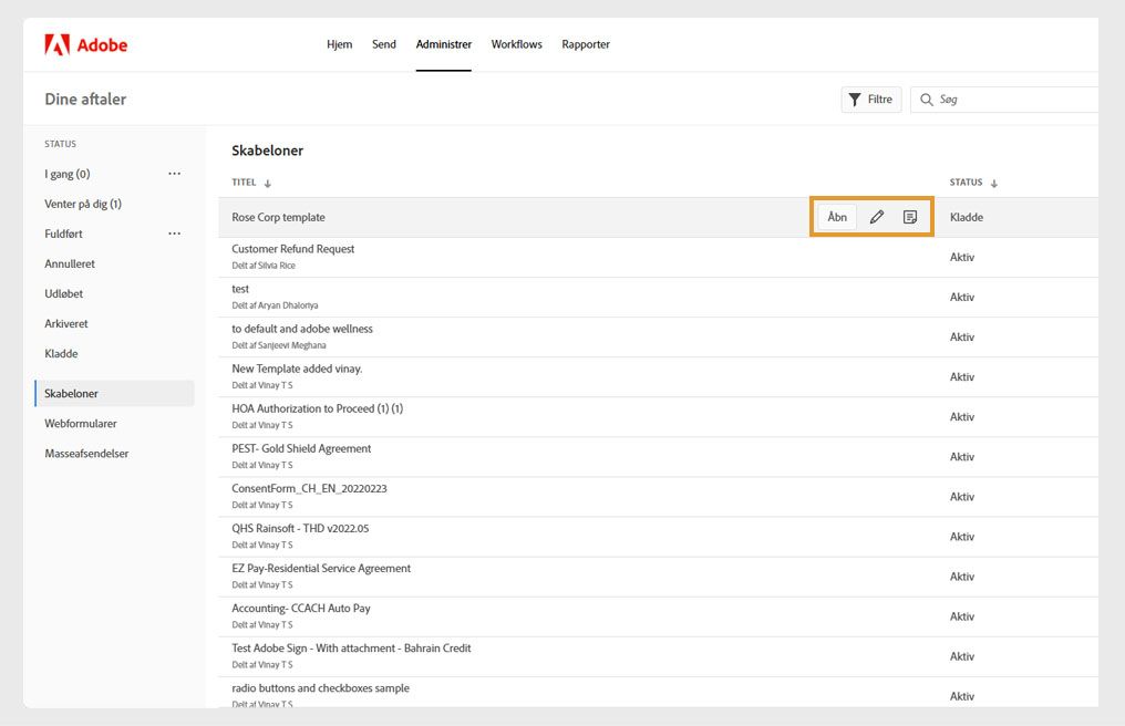 Siden viser listen over alle skabeloner, hvor én skabelon er valgt, og de viste værktøjer er fremhævet.