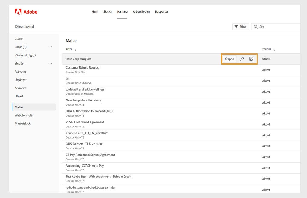 Sidan visar listan över alla mallar där en mall är vald och de visade verktygen är markerade.