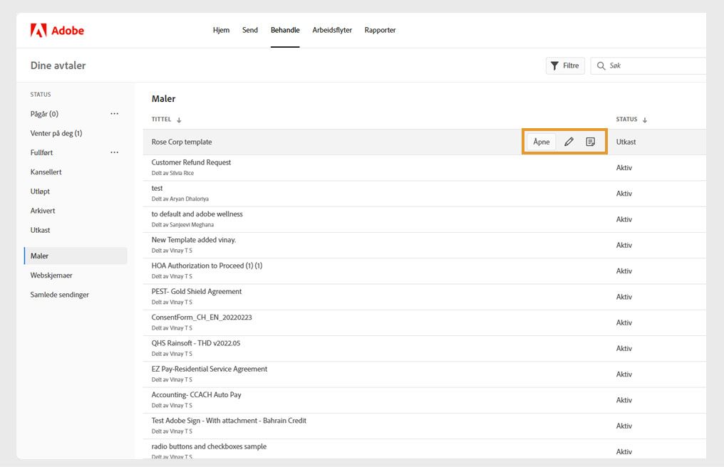Siden viser listen over alle malene. En mal er valgt og verktøyene er uthevet.