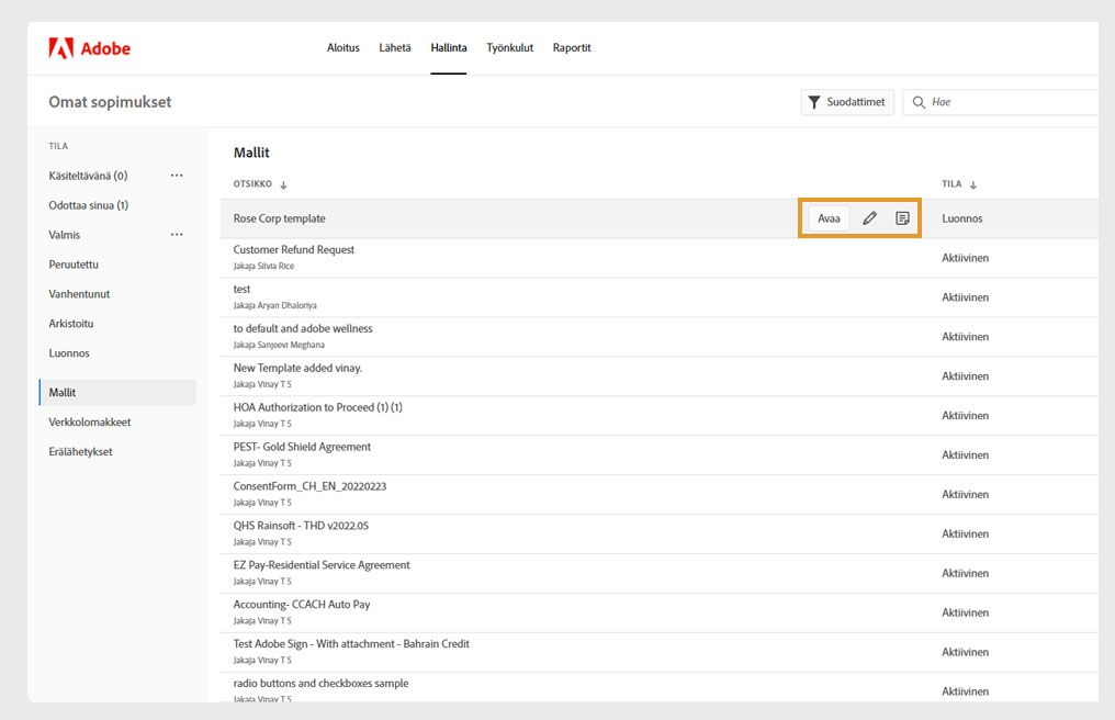 Sivulla näkyy luettelo kaikista malleista, joista yksi malli on valittuna ja näytettävät työkalut on korostettu.