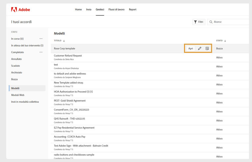La pagina mostra l’elenco di tutti i modelli in cui è selezionato un modello e gli strumenti visualizzati sono evidenziati.