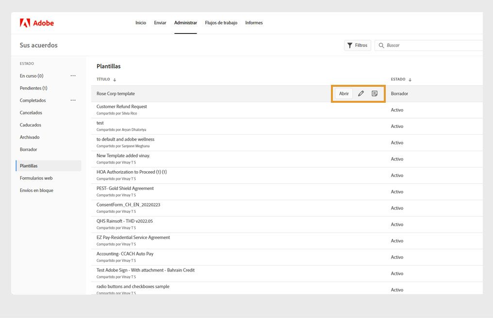 La página muestra la lista de todas las plantillas en la que se selecciona una plantilla y se resaltan las herramientas mostradas.