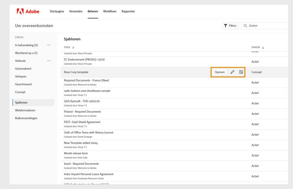 De pagina toont de lijst met alle sjablonen waarbij één sjabloon is geselecteerd en de weergegeven tools zijn gemarkeerd.