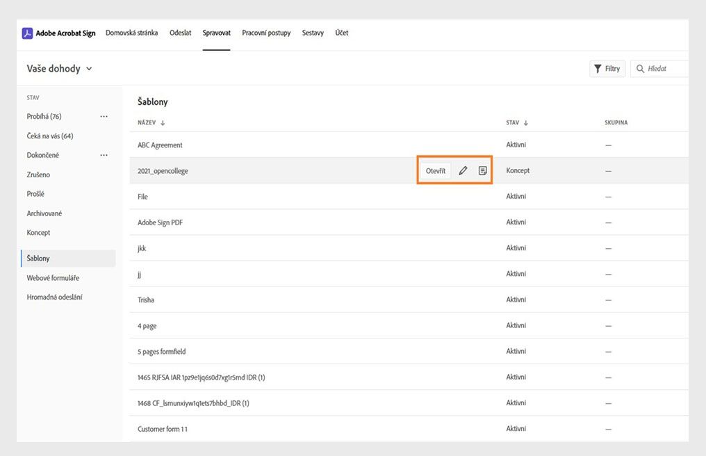 Na stránce se zobrazí seznam všech šablon, ve kterých je vybrána jedna šablona a zobrazené nástroje jsou zvýrazněny.