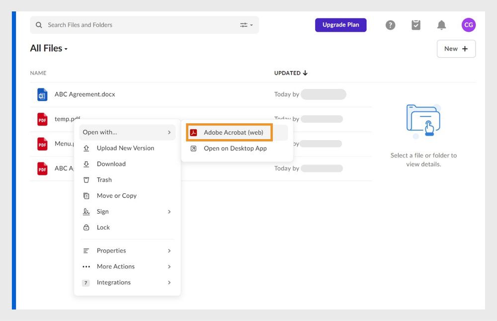 Box アカウントのファイルの一覧が表示されます。ファイルのコンテキストメニューが表示され、「Adobe Acrobat（web）で開く」オプションがハイライト表示されます。