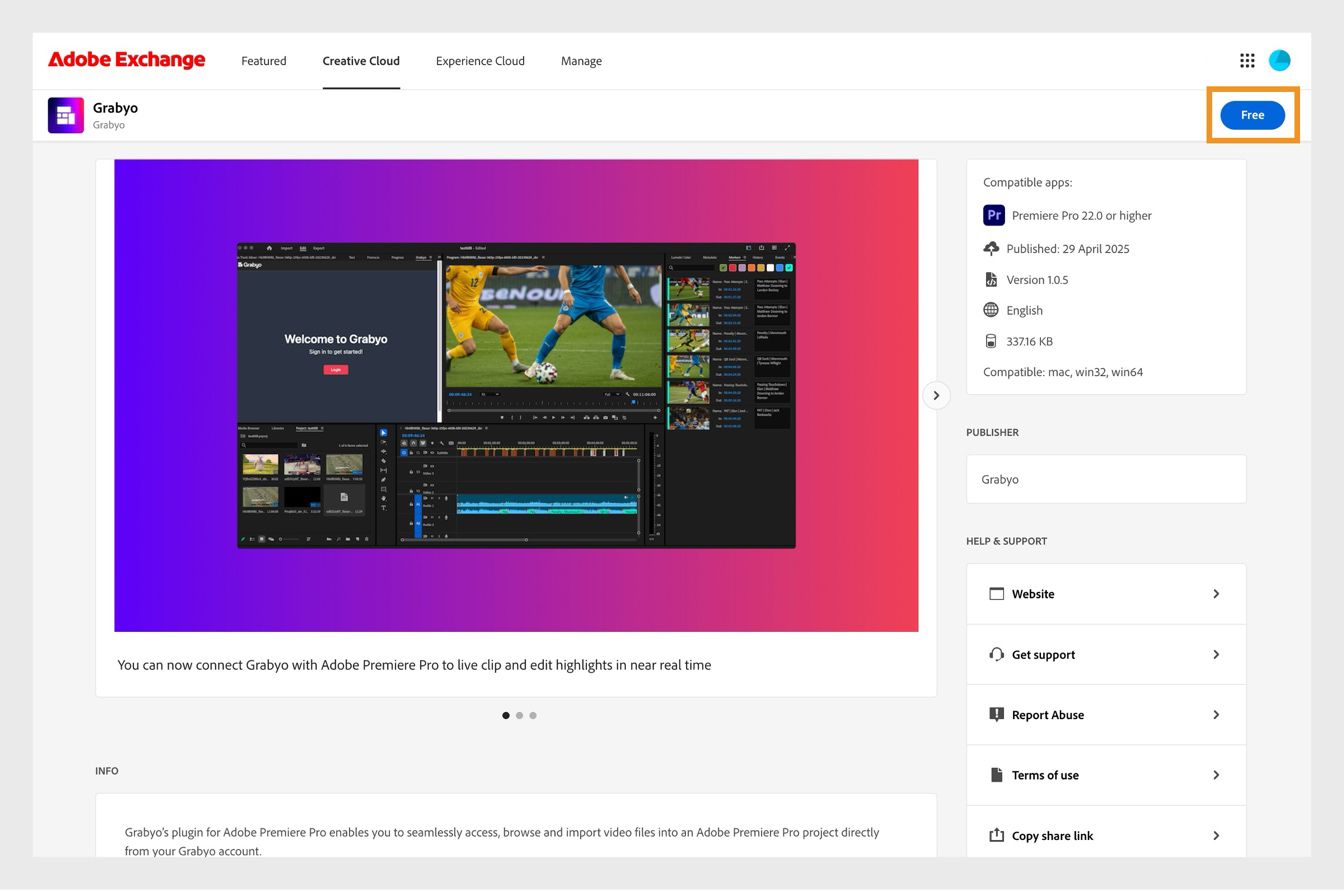 „Adobe Exchange“ papildinių puslapyje viršutiniame dešiniajame ekrano kampe pateikiama parinktis gauti papildinį arba jį nusipirkti.