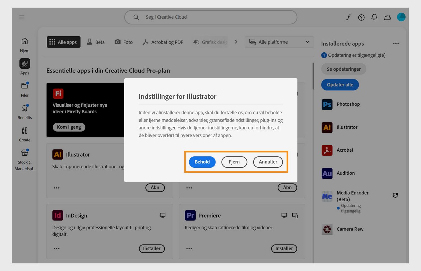 I dialogboksen Indstillinger bliver du spurgt, om du vil beholde eller fjerne meddelelser, advarsler, plug-ins og andre indstillinger. Du kan også annullere afinstallationen. 