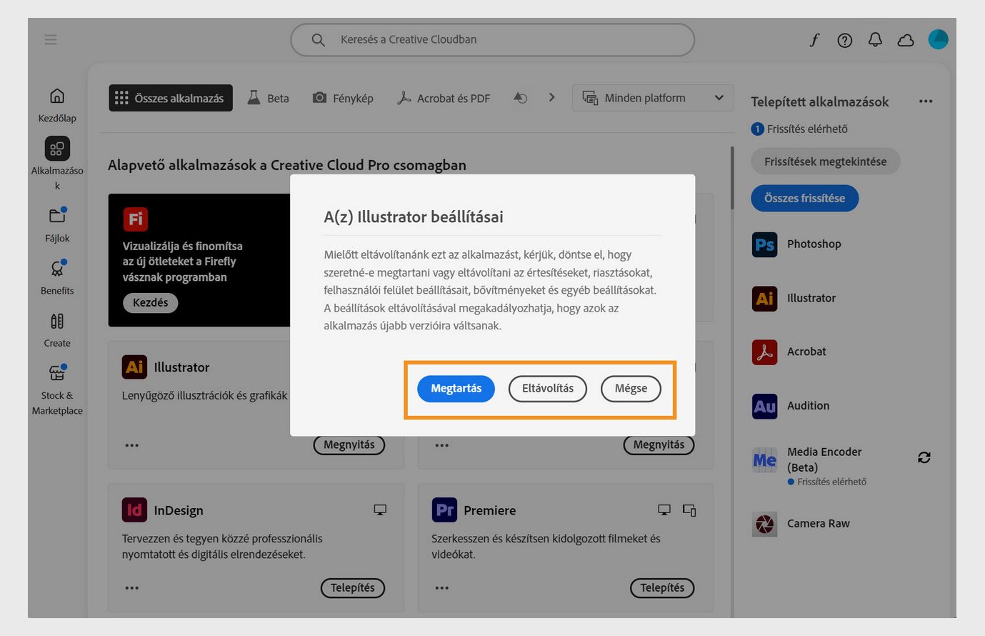 A beállítások párbeszédpanelen a rendszer megkérdezi, hogy szeretné-e megtartani vagy eltávolítani az értesítéseket, figyelmeztetéseket, beépülő modulokat és egyéb beállításokat. Az eltávolítási folyamatot is megszakíthatja. 