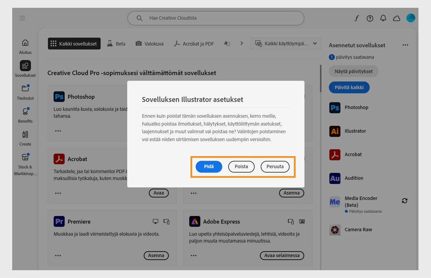 Asetukset-valintaikkuna, jossa kysytään, haluatko pitää vai poistaa ilmoitukset, hälytykset, laajennukset ja muut asetukset. Voit myös peruuttaa asennuksen poistoprosessin. 