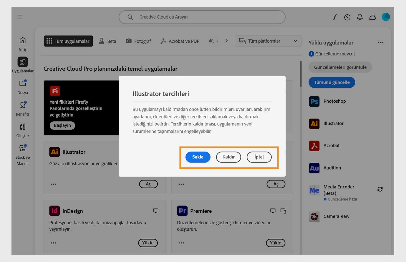 Bildirimleri, uyarıları, eklentileri ve diğer tercihleri saklamak mı yoksa kaldırmak mı istediğinizi soran tercihler iletişim kutusu. Kaldırma işlemini de iptal edebilirsiniz. 