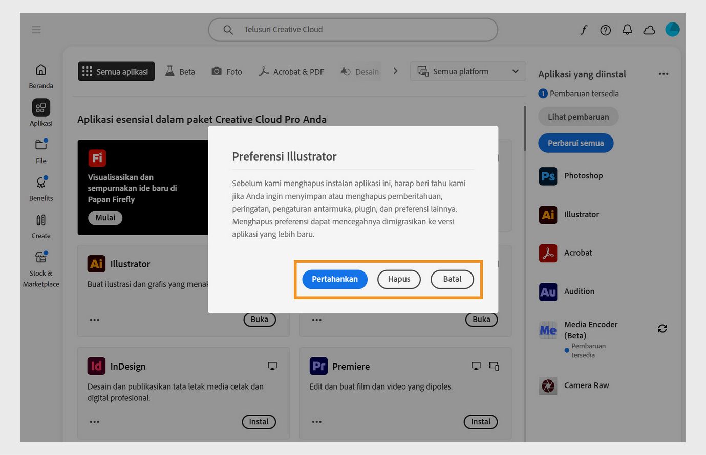 Kotak dialog preferensi akan menanyakan apakah Anda ingin mempertahankan atau menghapus pemberitahuan, peringatan, plugin, dan preferensi lainnya. Anda juga dapat membatalkan proses penghapusan instalan. 