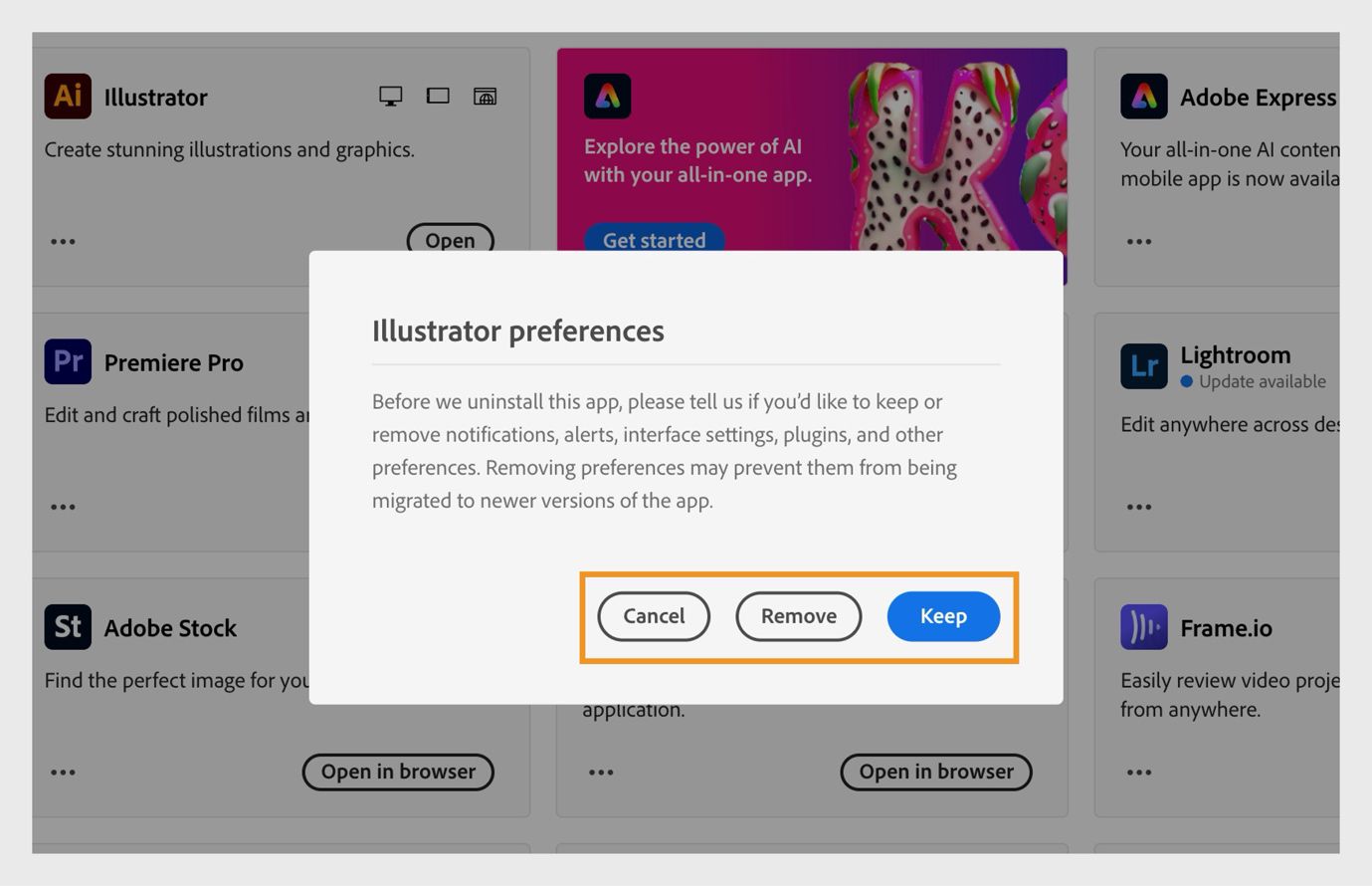Preferences logā tiek jautāts, vai vēlaties paturēt vai noņemt paziņojumus, brīdinājumus, spraudņus un citas preferences. Varat arī atcelt atinstalēšanas procesu. 
