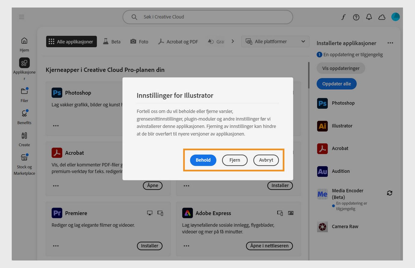 I bekreftelsesdialogboksen blir du spurt om du ønsker å beholde eller fjerne meldinger, varsler, plugin-moduler og andre innstillinger. Du kan også avbryte avinstalleringen. 