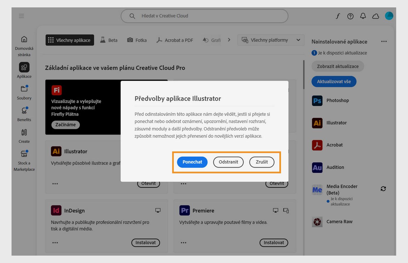 Dialogové okno Předvolby zobrazí dotaz, zda chcete zachovat nebo odebrat oznámení, upozornění, zásuvné moduly a další předvolby. Proces odinstalace můžete také zrušit. 