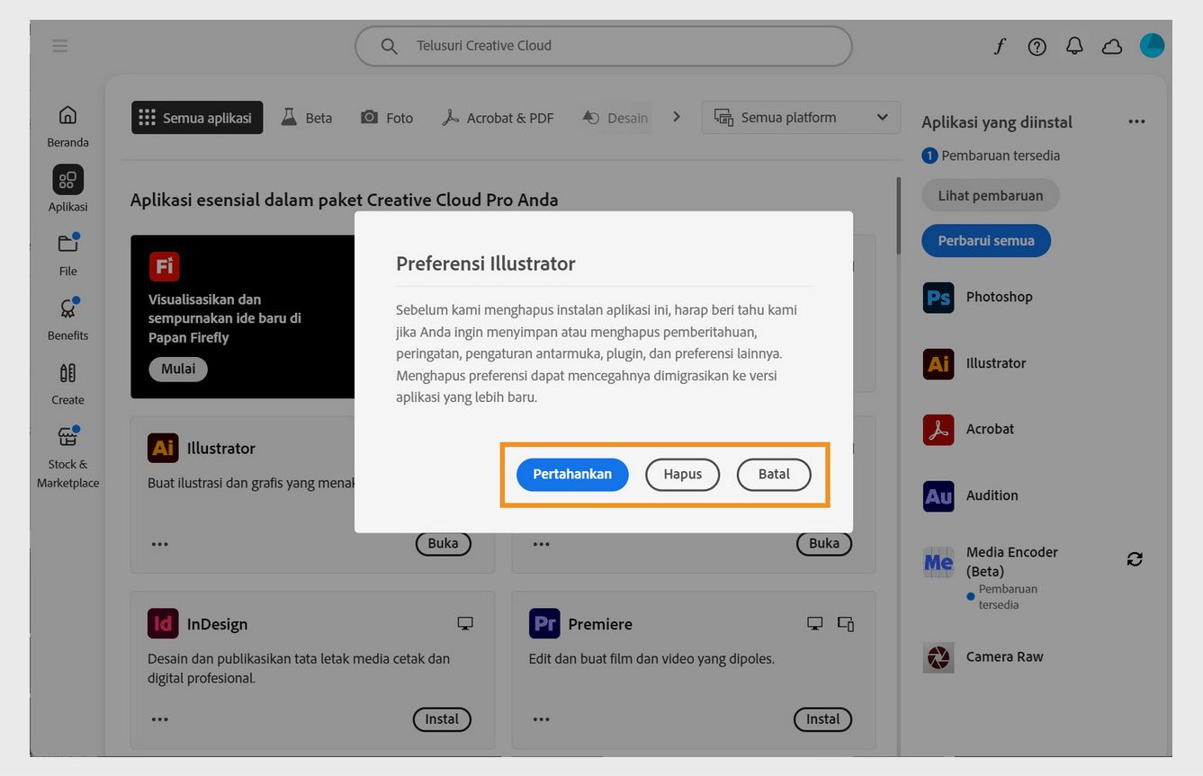Jendela preferensi menanyakan apakah Anda ingin mempertahankan atau menghapus pemberitahuan, peringatan, plugin, dan preferensi lainnya. Anda juga dapat membatalkan proses penghapusan instalan. Tangkapan layar komputer