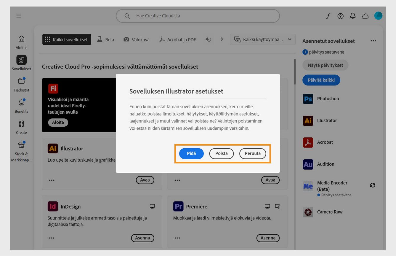 Asetusikkuna, jossa kysytään, haluatko pitää vai poistaa ilmoitukset, hälytykset, laajennukset ja muut asetukset. Voit myös peruuttaa asennuksen poistoprosessin. Kuvakaappaus tietokoneesta