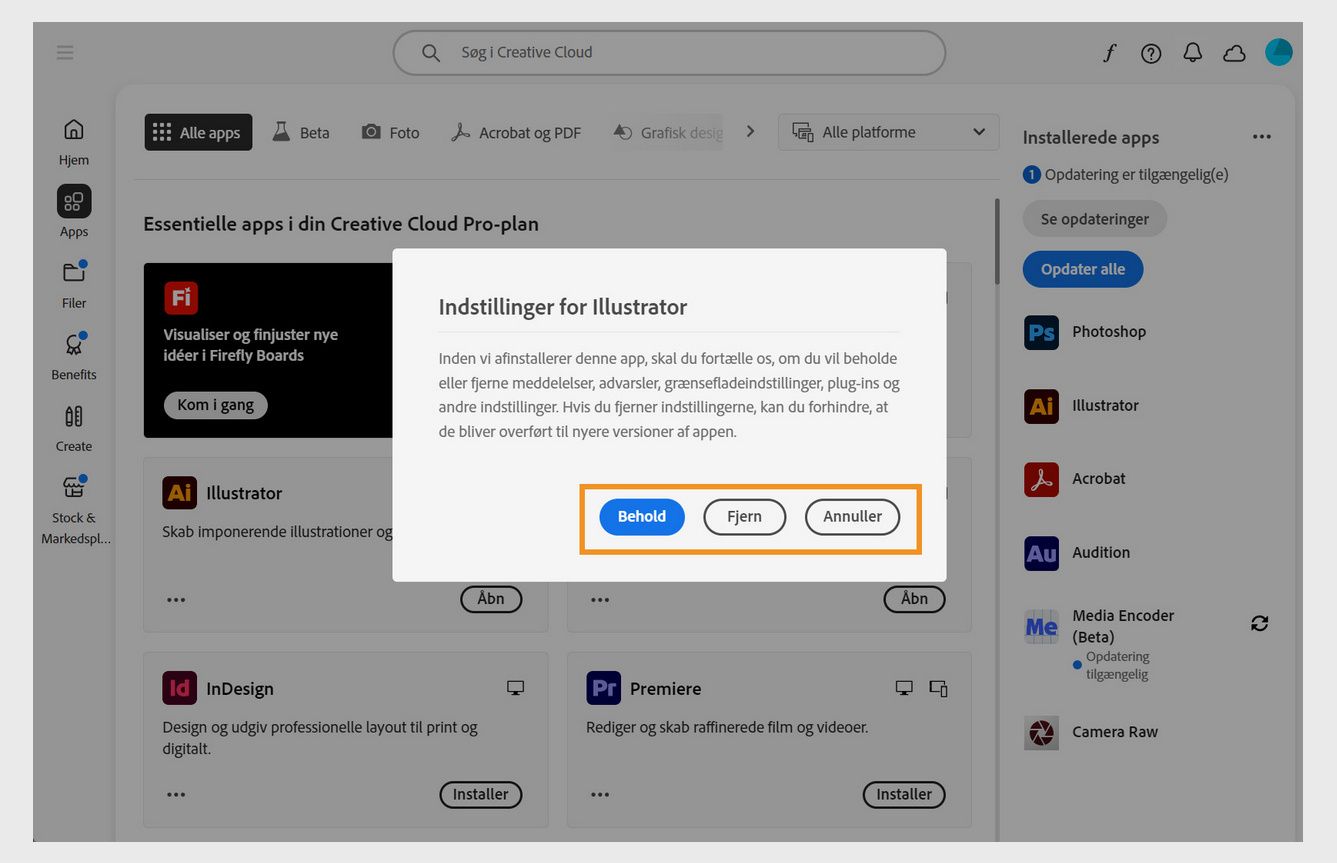 I vinduet Indstillinger bliver du spurgt, om du vil beholde eller fjerne meddelelser, advarsler, plug-ins og andre præferencer. Du kan også annullere afinstallationen. Et skærmbillede af en computer