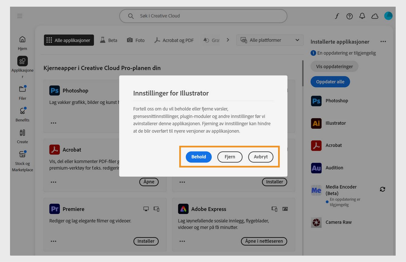 I vinduet "Innstillinger" blir du spurt om du ønsker å beholde eller fjerne meldinger, varsler, plugin-moduler og andre innstillinger. Du kan også avbryte avinstalleringen. Et skjermbilde av en datamaskin