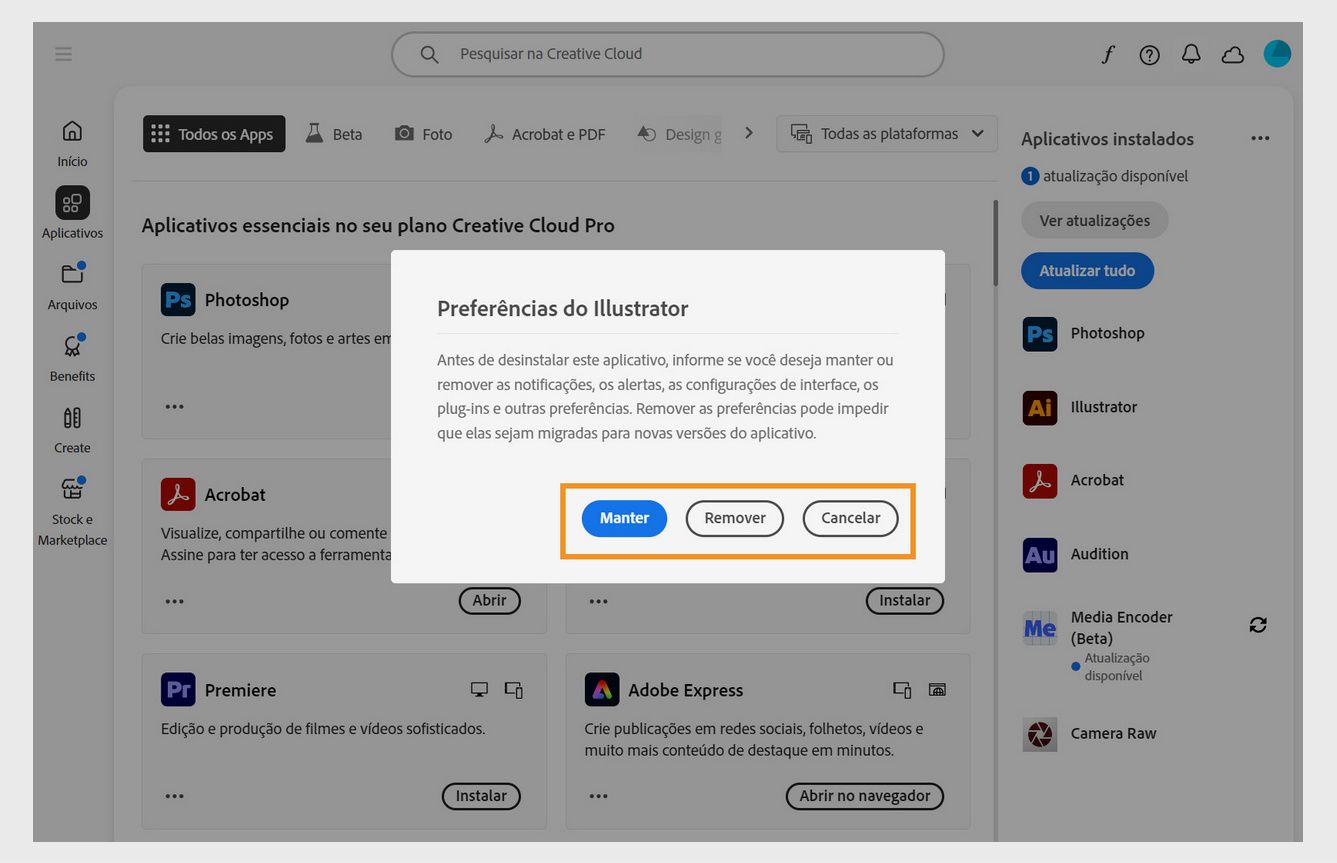 A janela de preferências pergunta se você deseja manter ou remover notificações, alertas, plug-ins e outras preferências. Você também pode cancelar o processo de desinstalação. Uma captura de tela de um computador