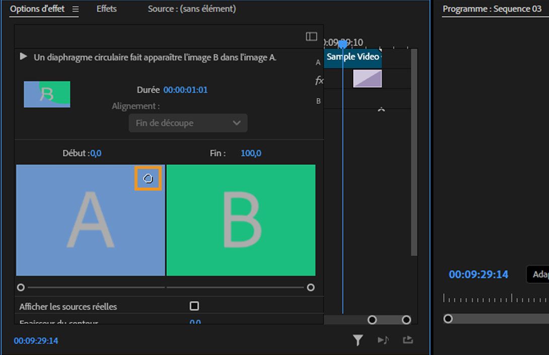 Le centre de la transition repositionné est mis en surbrillance dans la zone de prévisualisation A dans le panneau Options d’effet.