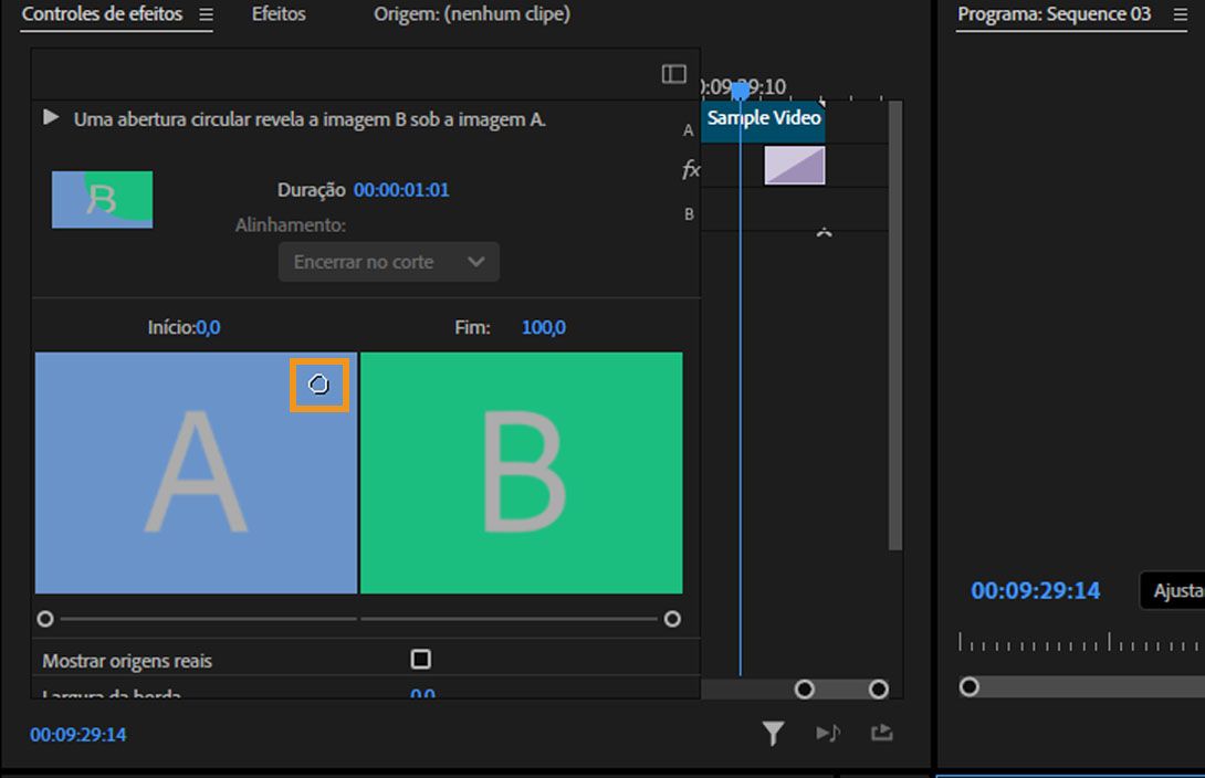 O centro de transição reposicionado é destacado na área de visualização A no painel Controles de efeito.