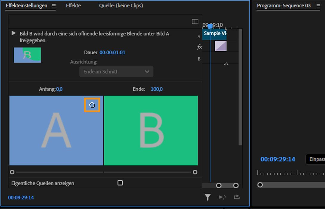 Der neu positionierte Mittelpunkt der Überblendung wird im Bedienfeld „Effekteinstellungen“ im Vorschaubereich (A) angezeigt.
