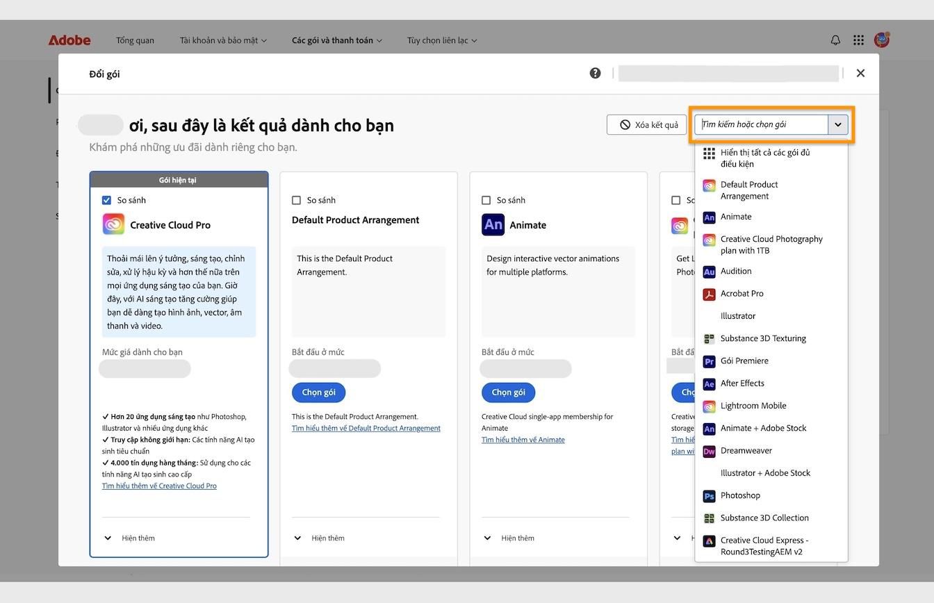 Cửa sổ kết quả dưới Đổi gói, với chi tiết của gói hiện tại và khu vực Tìm kiếm hoặc Chọn gói được làm nổi bật.