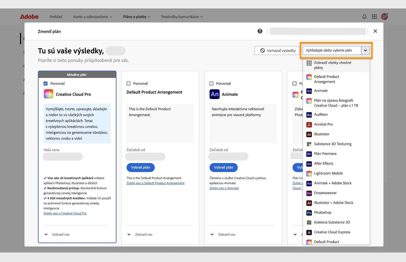 Okno výsledkov v časti Zmeniť plán s podrobnosťami o aktuálnom pláne a zvýraznenou oblasťou Vyhľadať alebo vybrať plán.