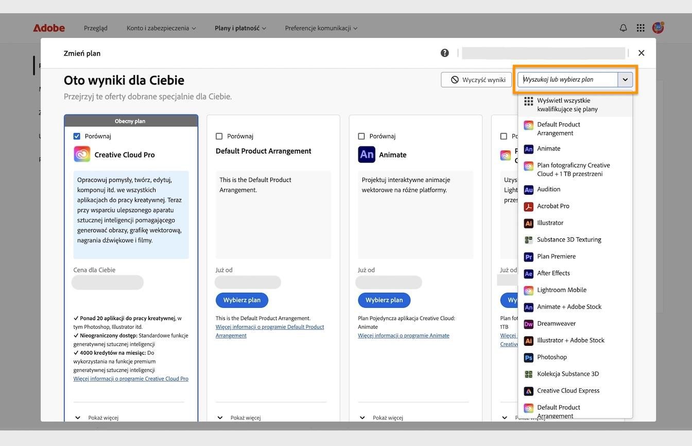 Okno wyników w sekcji Zmień plan ze szczegółami bieżącego planu i wyróżnionym obszarem Wyszukaj lub wybierz plan.