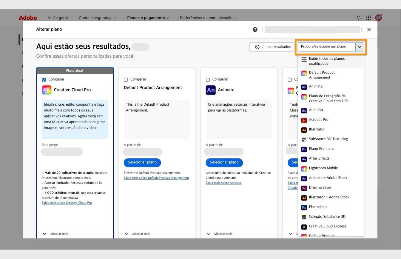 A janela de resultados em Alterar seu plano, com detalhes do plano atual e a área Procurar ou selecionar um plano destacada.