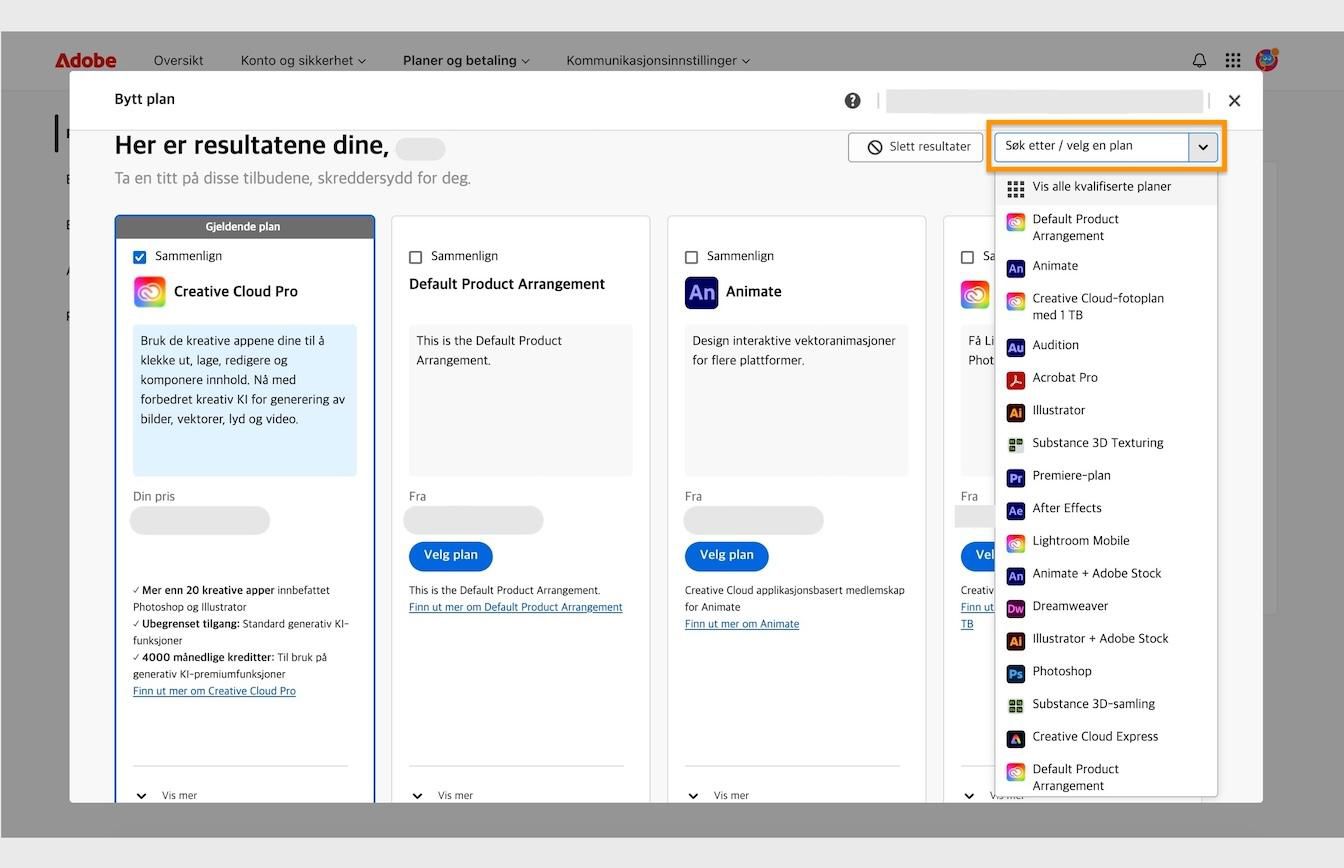 Resultatvinduet under Endre en plan, med detaljer om gjeldende plan og det uthevede området for å søke etter eller velge en plan.