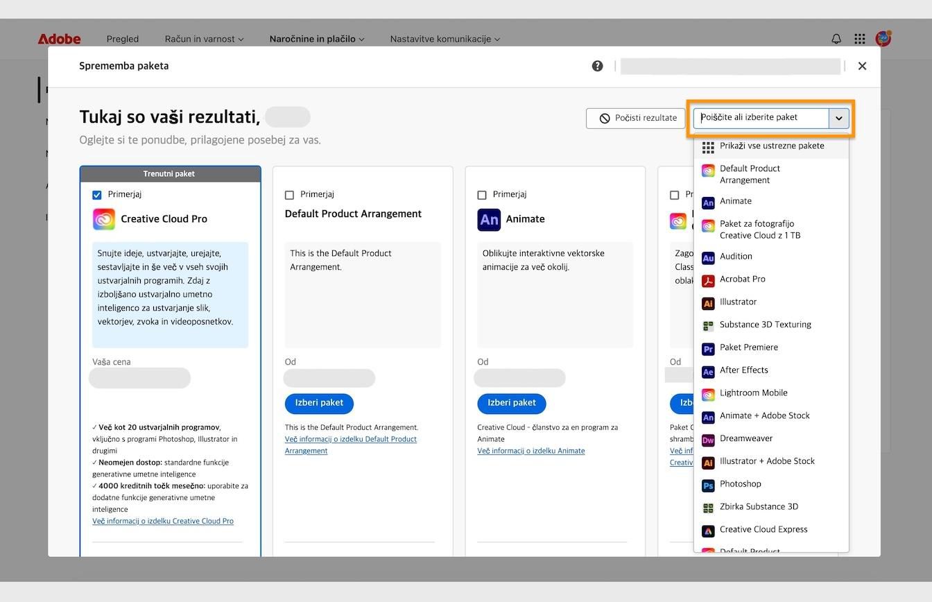 Okno z rezultati pod »Spremenite paket« s podrobnostmi trenutnega paketa in označenim območjem »Poiščite ali izberite paket«.