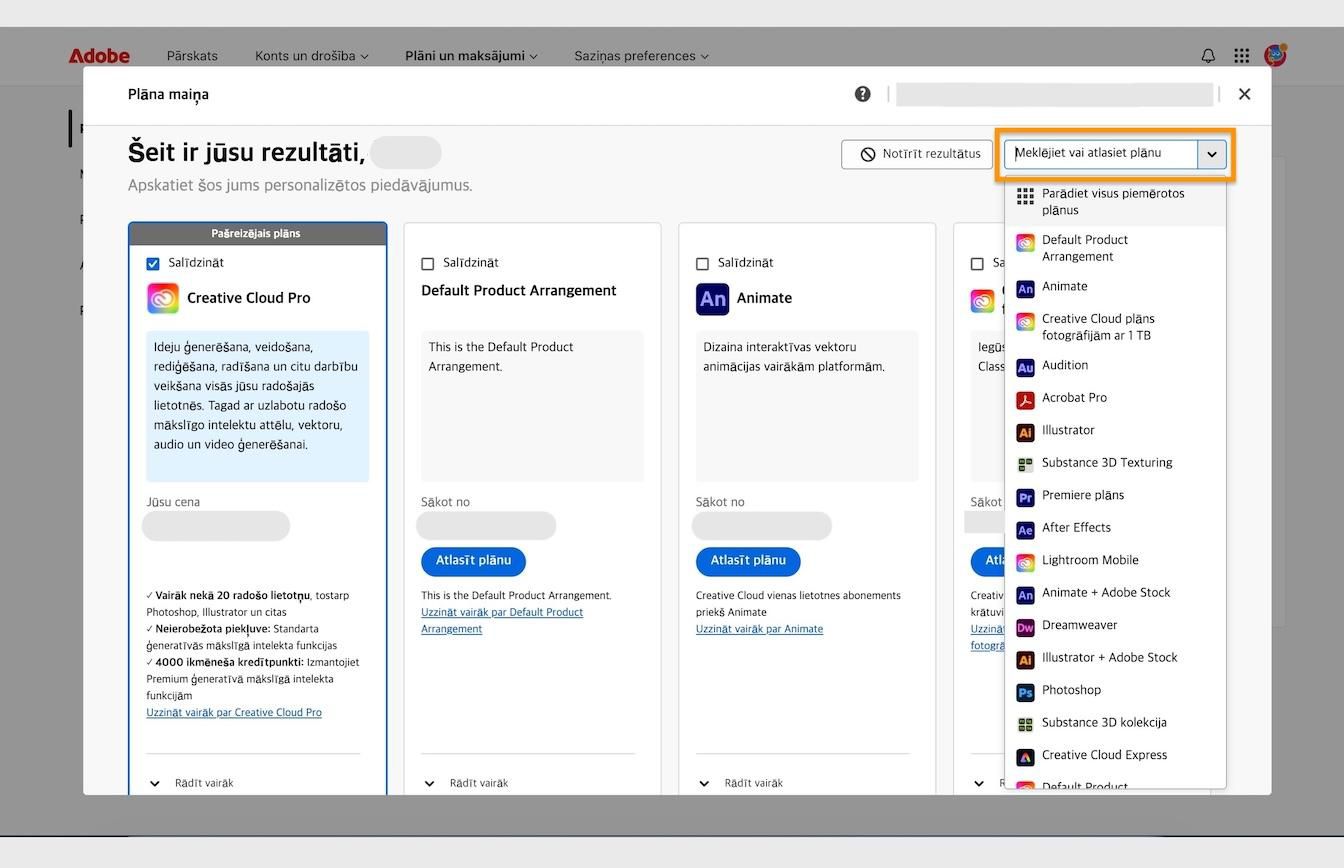 Rezultātu logs sadaļā Mainīt plānu ar pašreizējā plāna detaļām un izcelto apgabalu Meklēt vai atlasīt plānu.