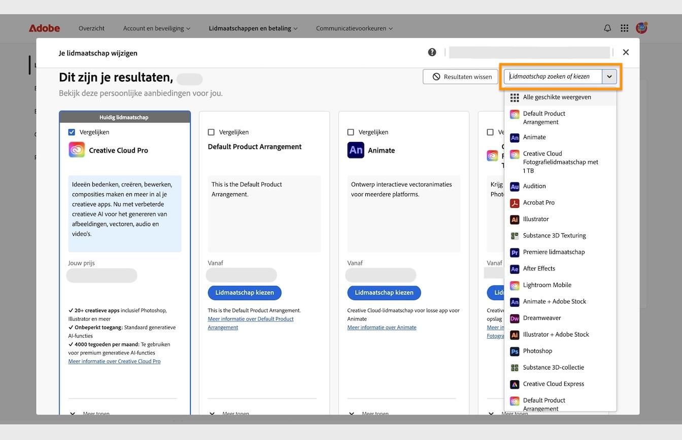 Het venster met resultaten onder Wijzig je lidmaatschap, met details van het huidige lidmaatschap en het gemarkeerde gebied Zoeken of selecteer een lidmaatschap.