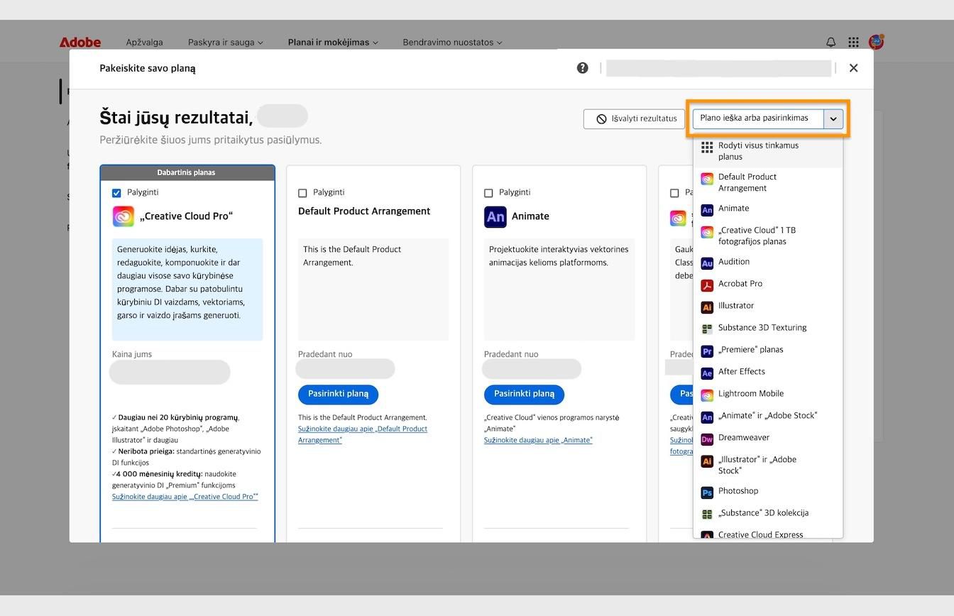 „Keisti planą“ skiltyje esantis rezultatų langas, kuriame pateikta išsami informacija apie esamą planą ir paryškinta sritis „Ieškoti arba pasirinkti planą“.