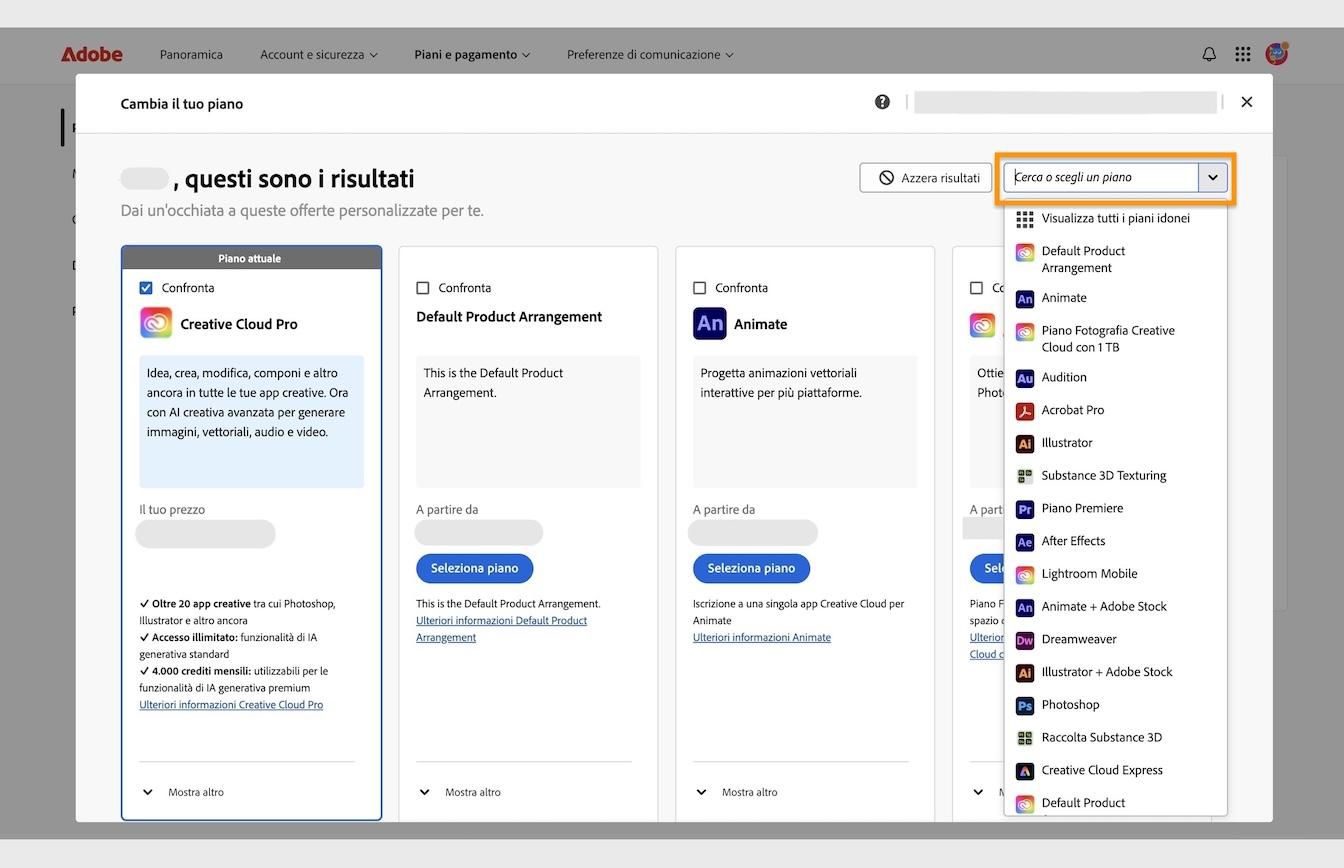 La finestra dei risultati sotto Cambia il tuo piano, con i dettagli del piano attuale e l'area Cerca o seleziona un piano evidenziata.