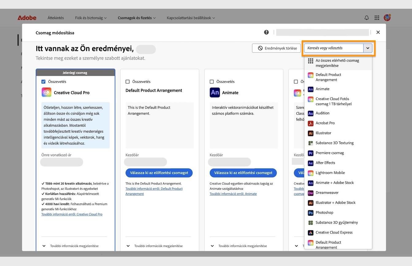 Az eredményeket tartalmazó ablak a Csomag módosítása alatt, a jelenlegi csomag részleteivel és a kiemelt Csomag keresése vagy kiválasztása területtel.