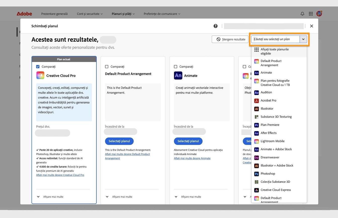 Fereastra de rezultate sub Schimbați-vă planul, cu detaliile planului actual și zona evidențiată Căutați sau selectați un plan.