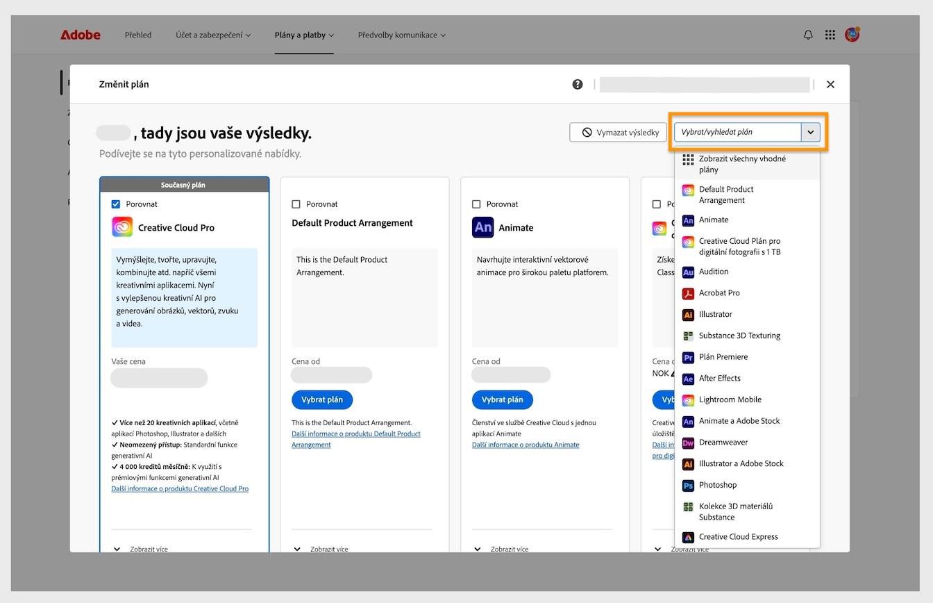 Okno výsledků pod položkou Změnit plán s podrobnostmi o aktuálním plánu a zvýrazněnou oblastí Vyhledat nebo vybrat plán.