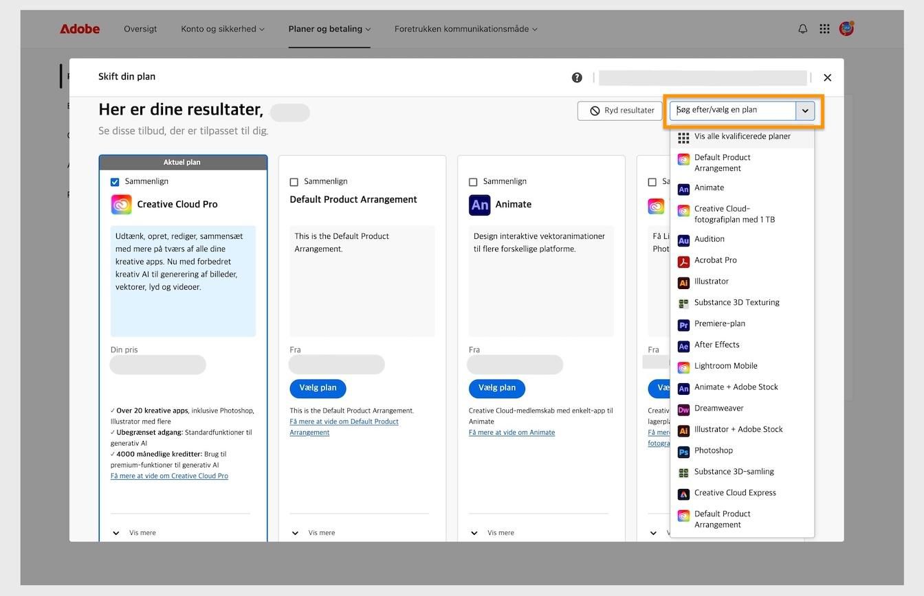 Resultatvinduet under Skift din plan med detaljer om den aktuelle plan og det fremhævede område Søg eller vælg en plan.