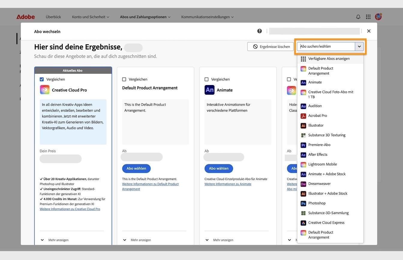 Das Ergebnisfenster unter „Abo-Option ändern“ mit Details zur aktuellen Abo-Option und dem hervorgehobenen Bereich „Suche oder Abo-Option auswählen“.