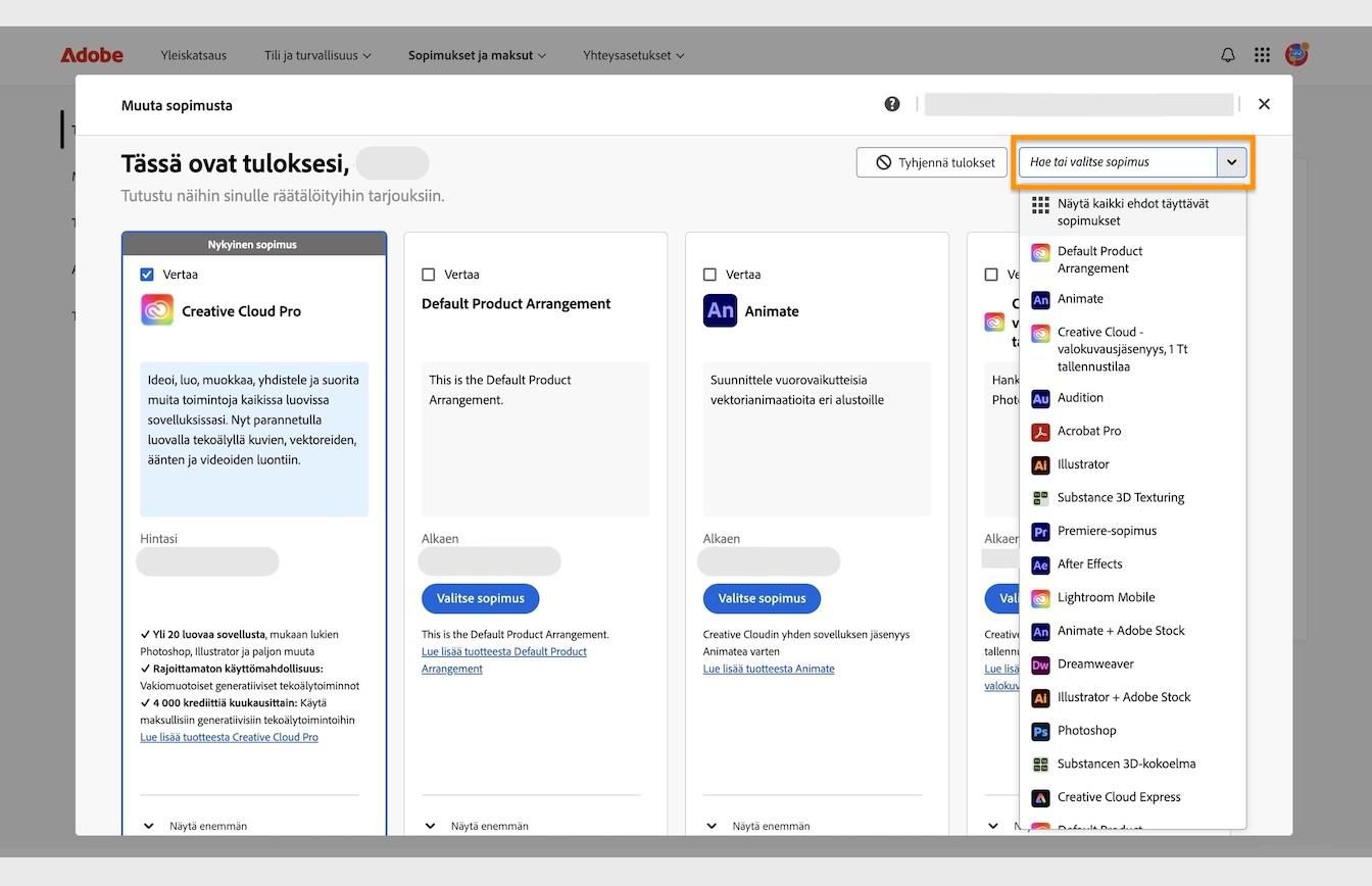 Muuta sopimustasi -osion tulosikkuna, jossa näkyy nykyisen sopimuksen tiedot ja korostettu Etsi tai valitse sopimus -kohta.