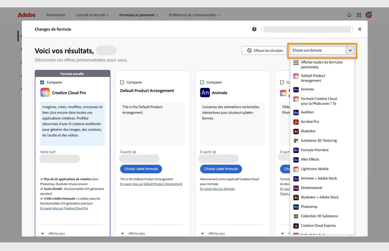 La fenêtre de résultats sous Modifier votre formule, avec les détails de la formule actuelle et la zone Rechercher ou sélectionner une formule mise en surbrillance.