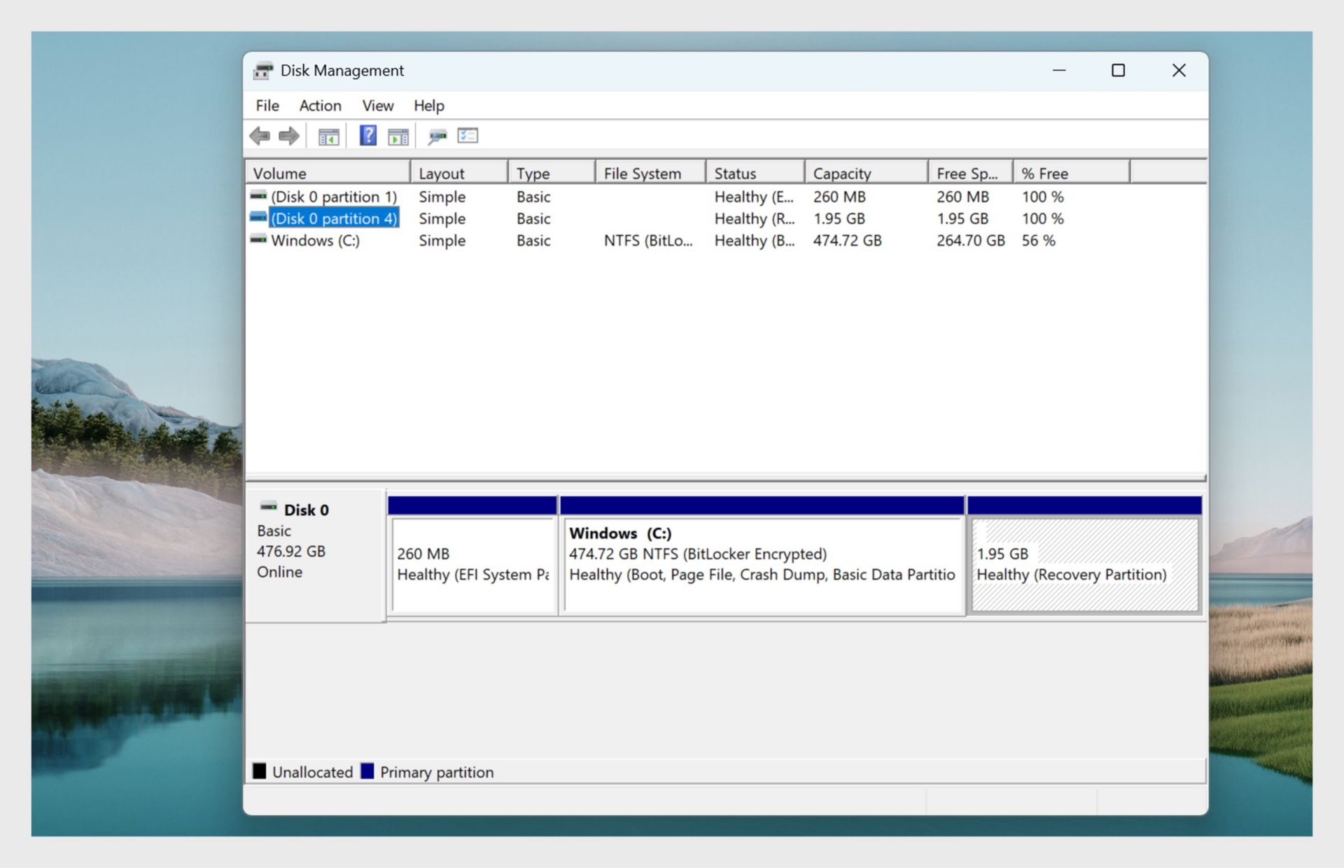 Skjermbildet som viser informasjon om de forskjellige volumene og partisjonene på datamaskinens harddisk. 