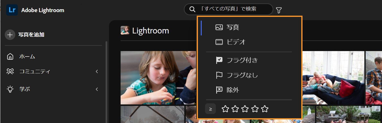 検索とフィルターパネルが開いており、評価やフラグなどのオプションや、写真やビデオのみを表示するためのアイコンなどがハイライトされています。