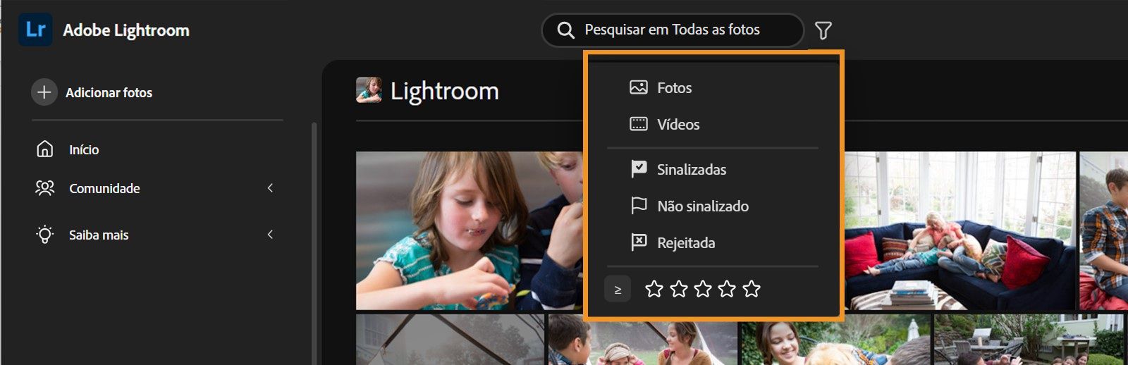 O painel de pesquisa e filtro está aberto e diferentes opções, como avaliações, sinalizadores e ícones para mostrar apenas fotos e apenas vídeos estão realçadas.