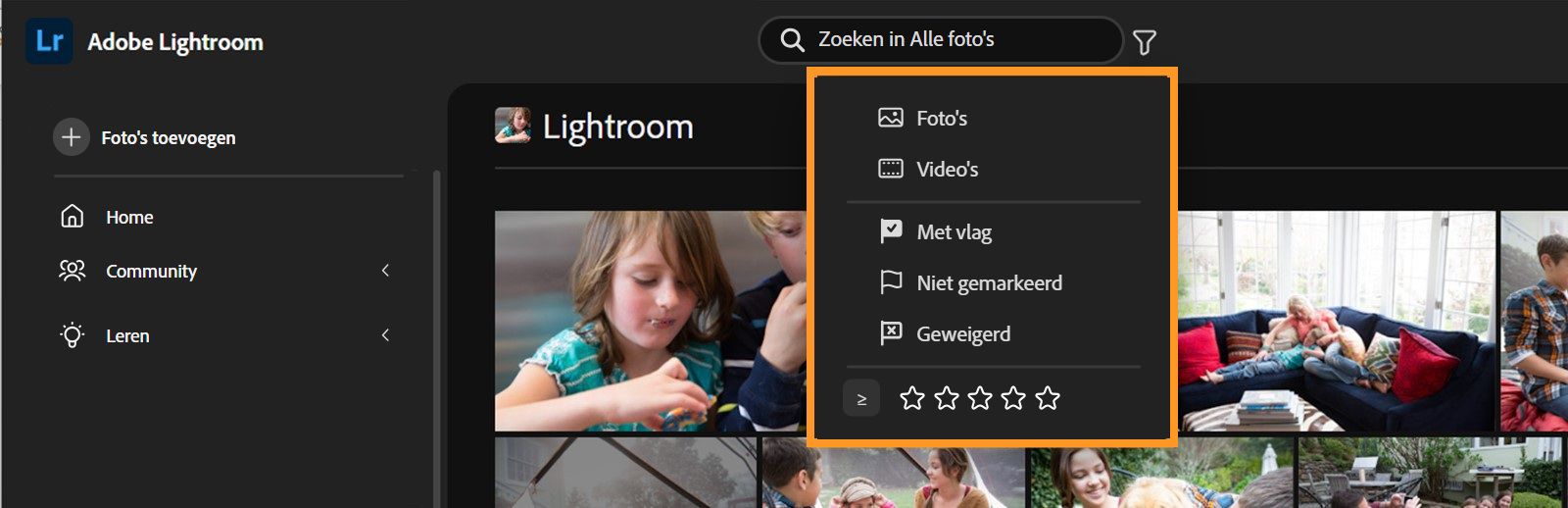 Het deelvenster Zoeken en filteren is geopend waar verschillende opties zijn gemarkeerd zoals beoordelingen, markeringen, en pictogrammen voor alleen foto's en alleen video's weergeven.