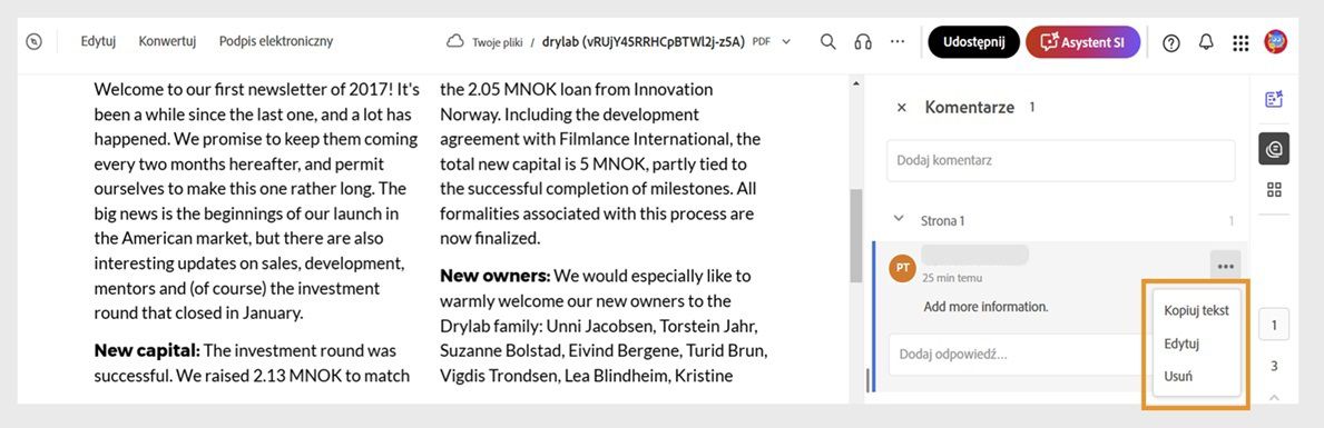 Wybrany komentarz w okienku Komentarze zawiera ikonę z trzema kropkami z opcjami edycji lub usunięcia.